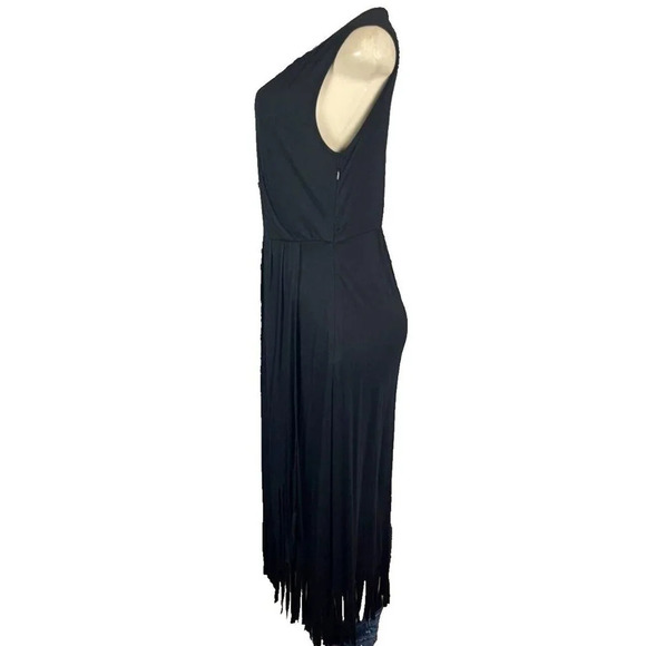 Kate & Mallory M Black Surplice Neck Faux Wrap Fringe Hem Midi Cocktail Dress - Picture 5 of 6